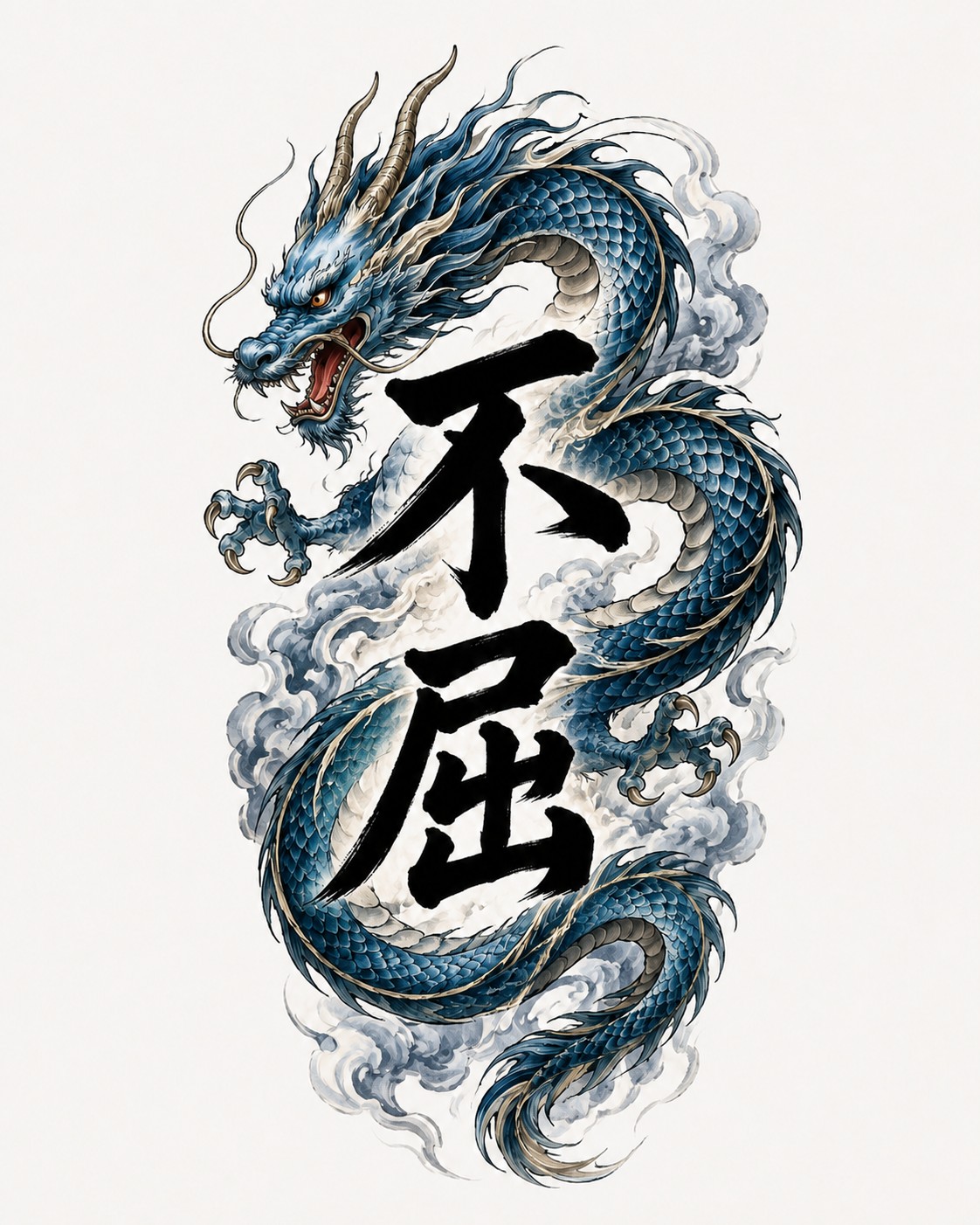Kanji tattoo concept combining Fukutsu with a Japanese dragon motif